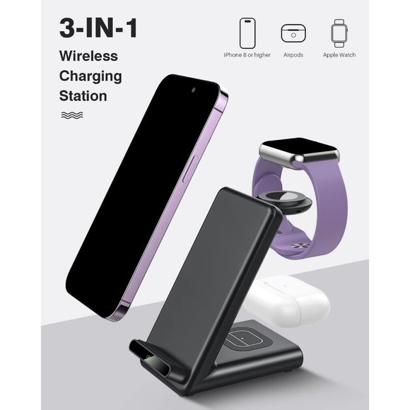 3 in1 Wireless Charging Station Made for Apple Watch iPhone AirPods with Adaptor - Picture 2 of 11